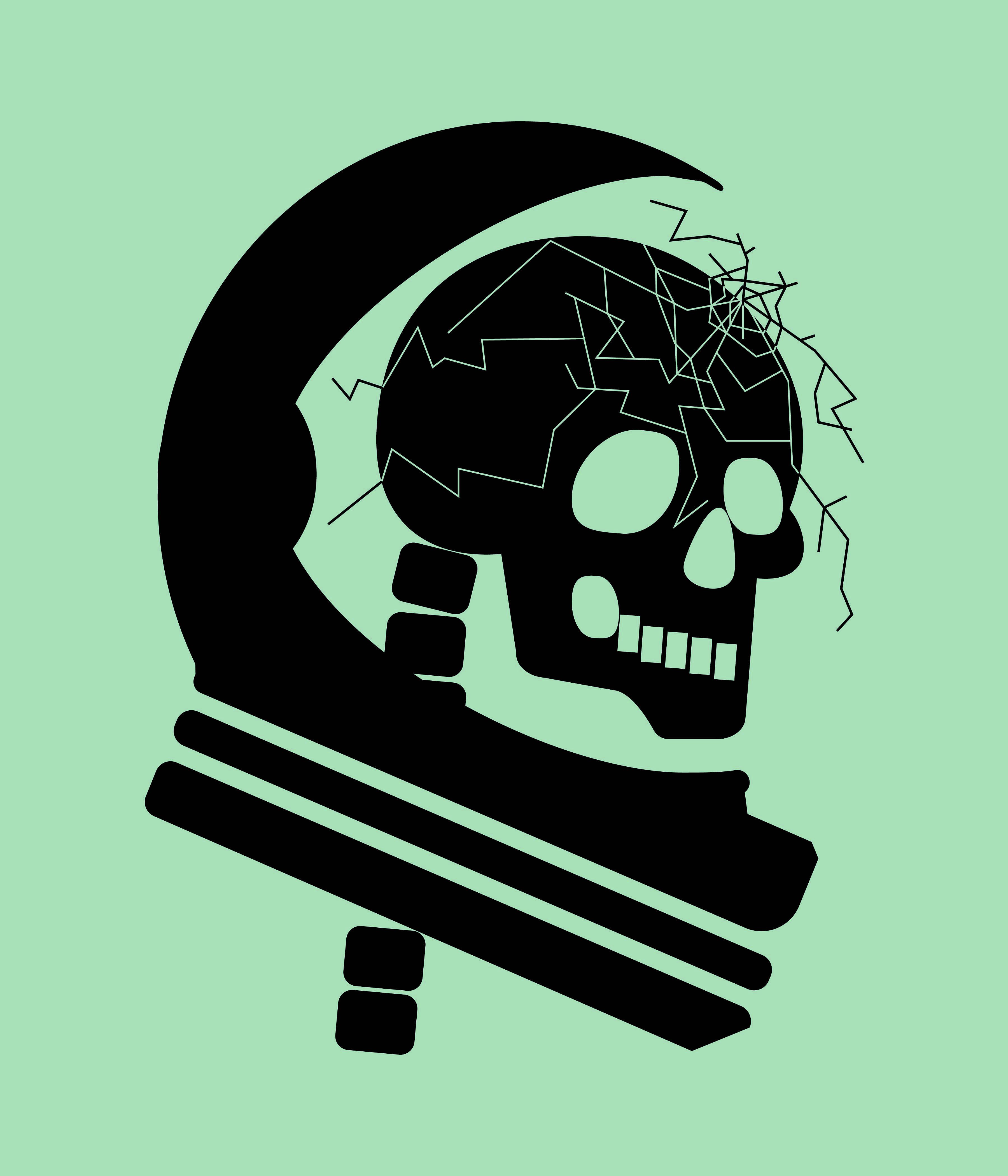 Black illustration of a cracked astronaut helmet with a skull inside on a light green background