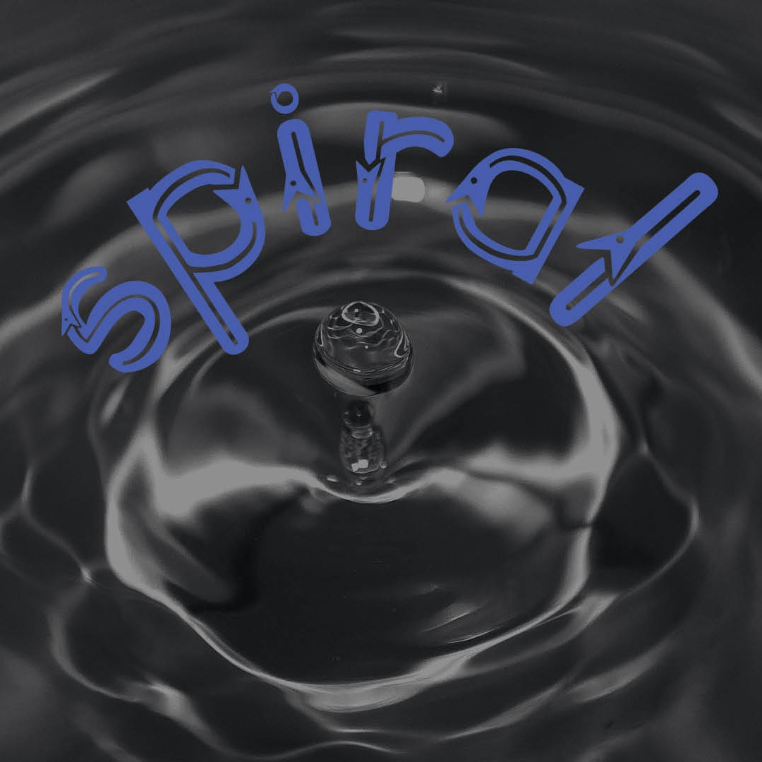 Typeface with each letter consisting of a snake eating its own tail. The word reads spiral and it curves around a ripple in the water image beneath it.